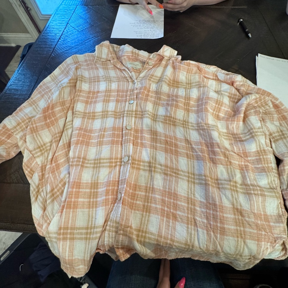 American Eagle Outfitters Orange and White Casual Button Down Shirt